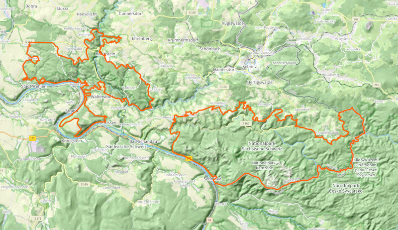OpenStreetMap-Karte des Nationalparks Sächsische Schweiz mit eingezeichneter Grenze